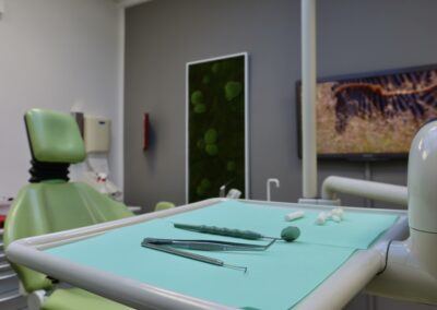 Behandlungsraum mit Savannenbild und TV bei Zahnarzt Dr. Pantas Düsseldorf