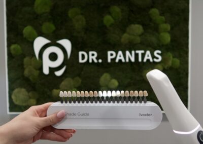 Zahnfarben Shade Guide von Ivoclar vor Mooswand bei Dr. Pantas
